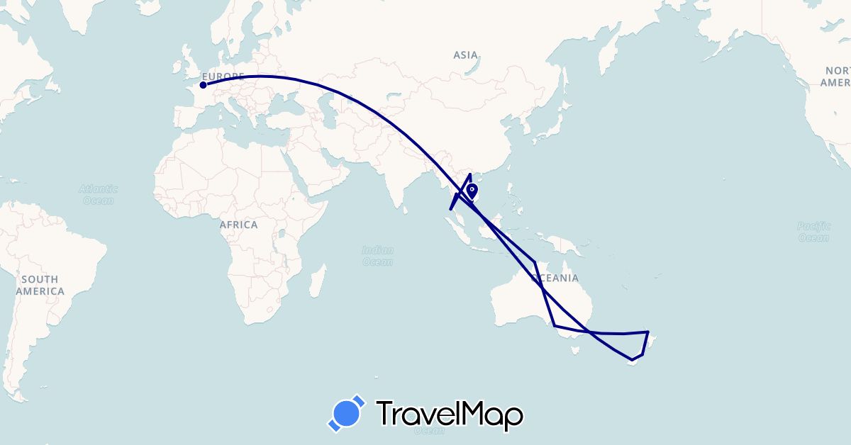 TravelMap itinerary: driving in Australia, France, New Zealand, Thailand, Vietnam (Asia, Europe, Oceania)